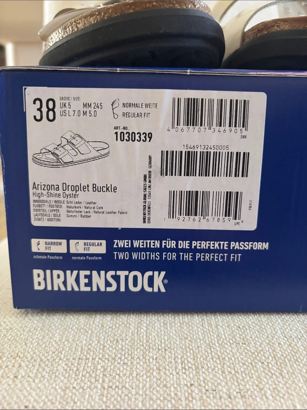 Birkenstock Arizona Droplet Buckle Sandals. High-Shine Oyster. Size 38. NWT b